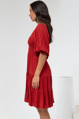 Parkley Mini Dress - On or Off Shoulder Textured Tiered Dress in Rust