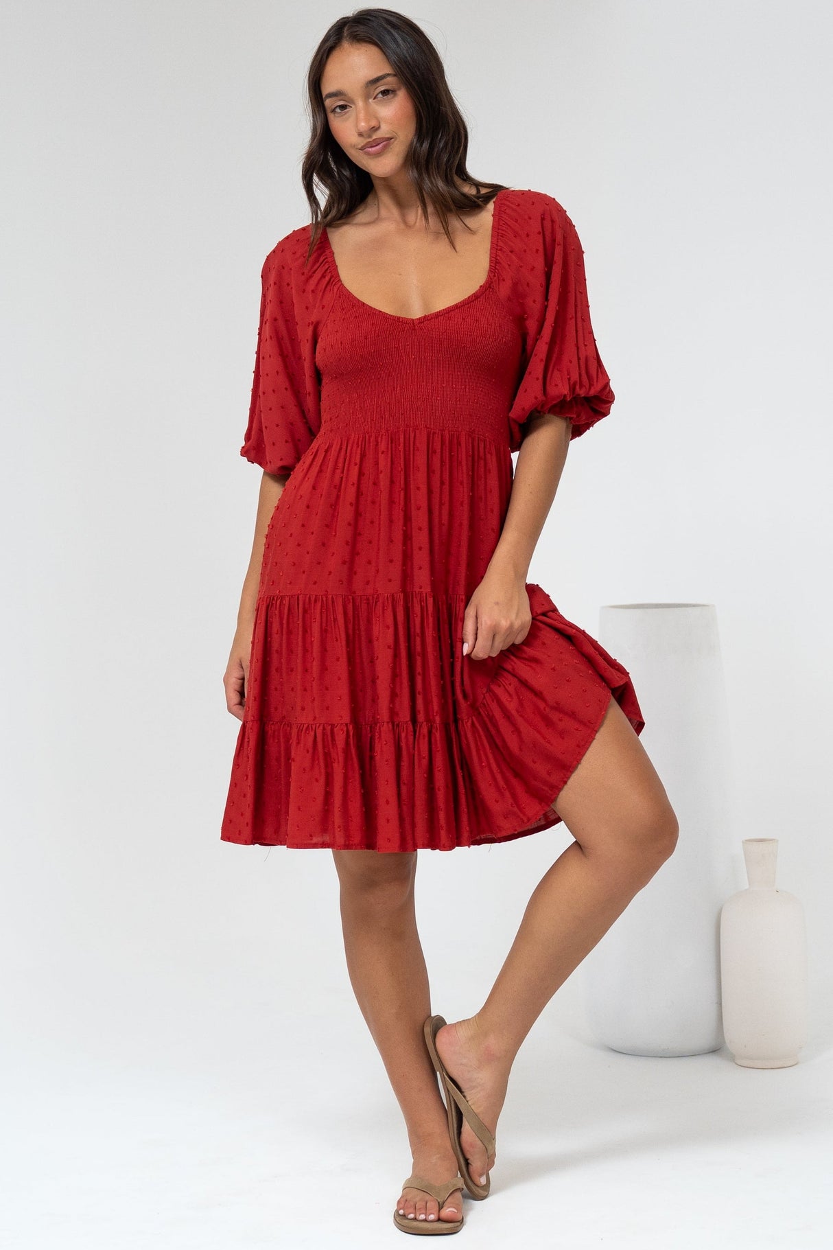Parkley Mini Dress - On or Off Shoulder Textured Tiered Dress in Rust