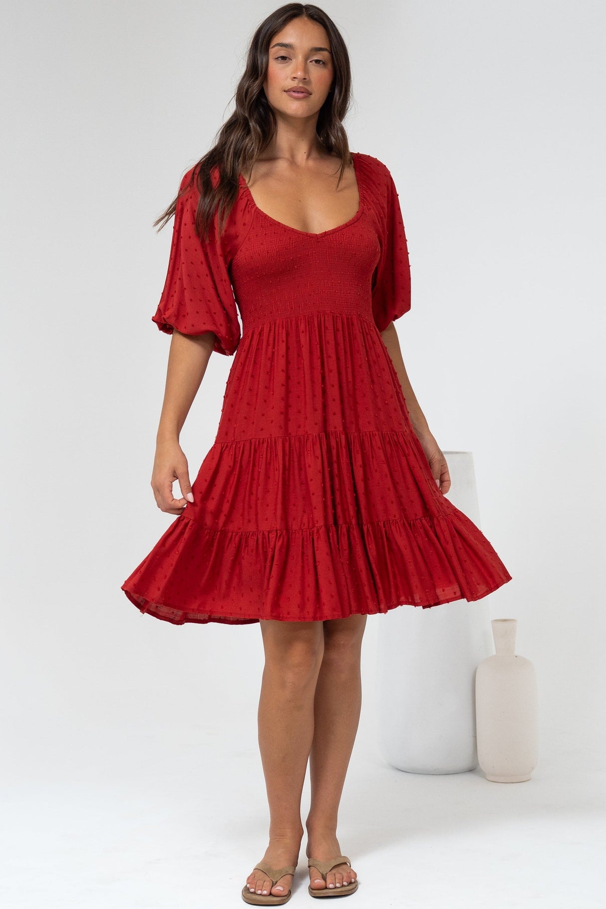 Parkley Mini Dress - On or Off Shoulder Textured Tiered Dress in Rust