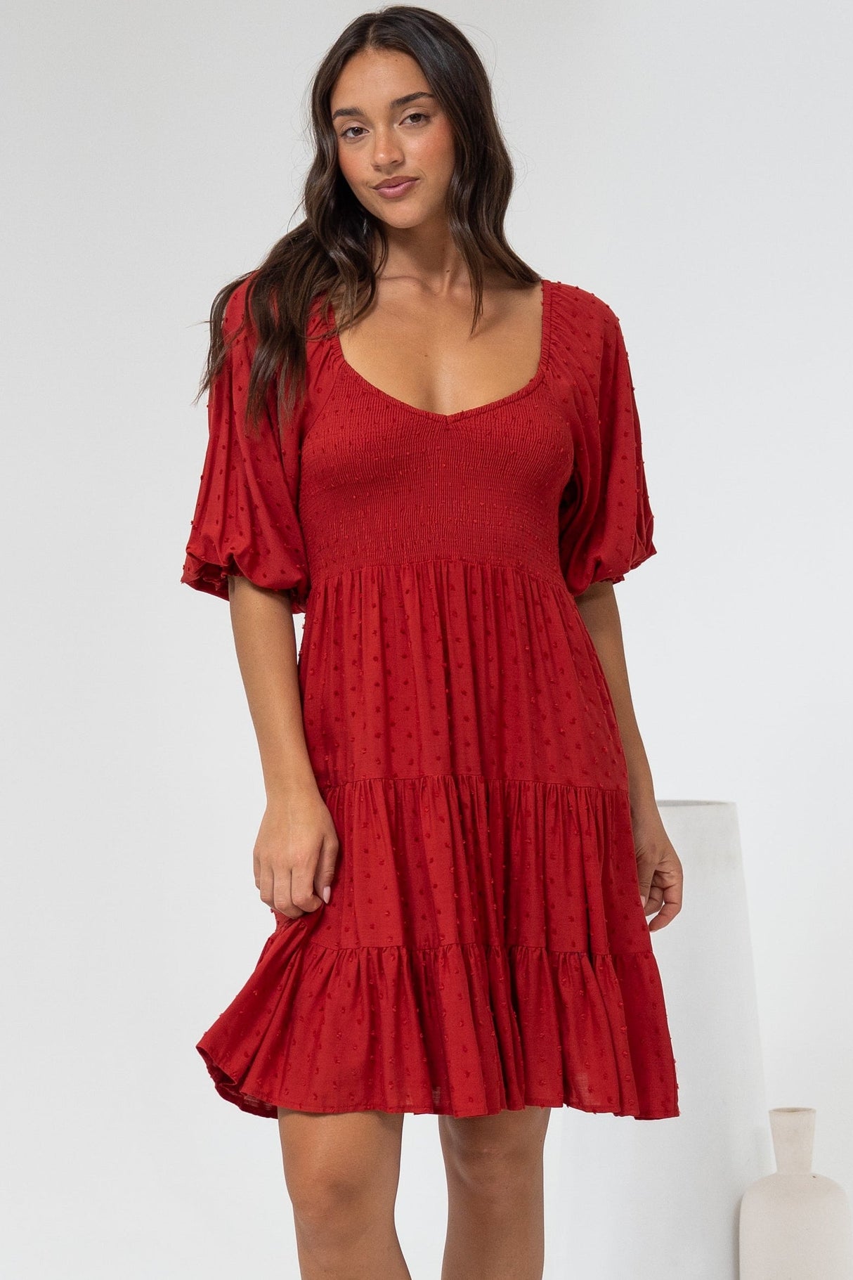 Parkley Mini Dress - On or Off Shoulder Textured Tiered Dress in Rust