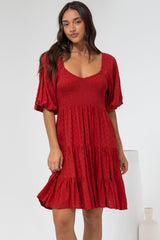 Parkley Mini Dress - On or Off Shoulder Textured Tiered Dress in Rust