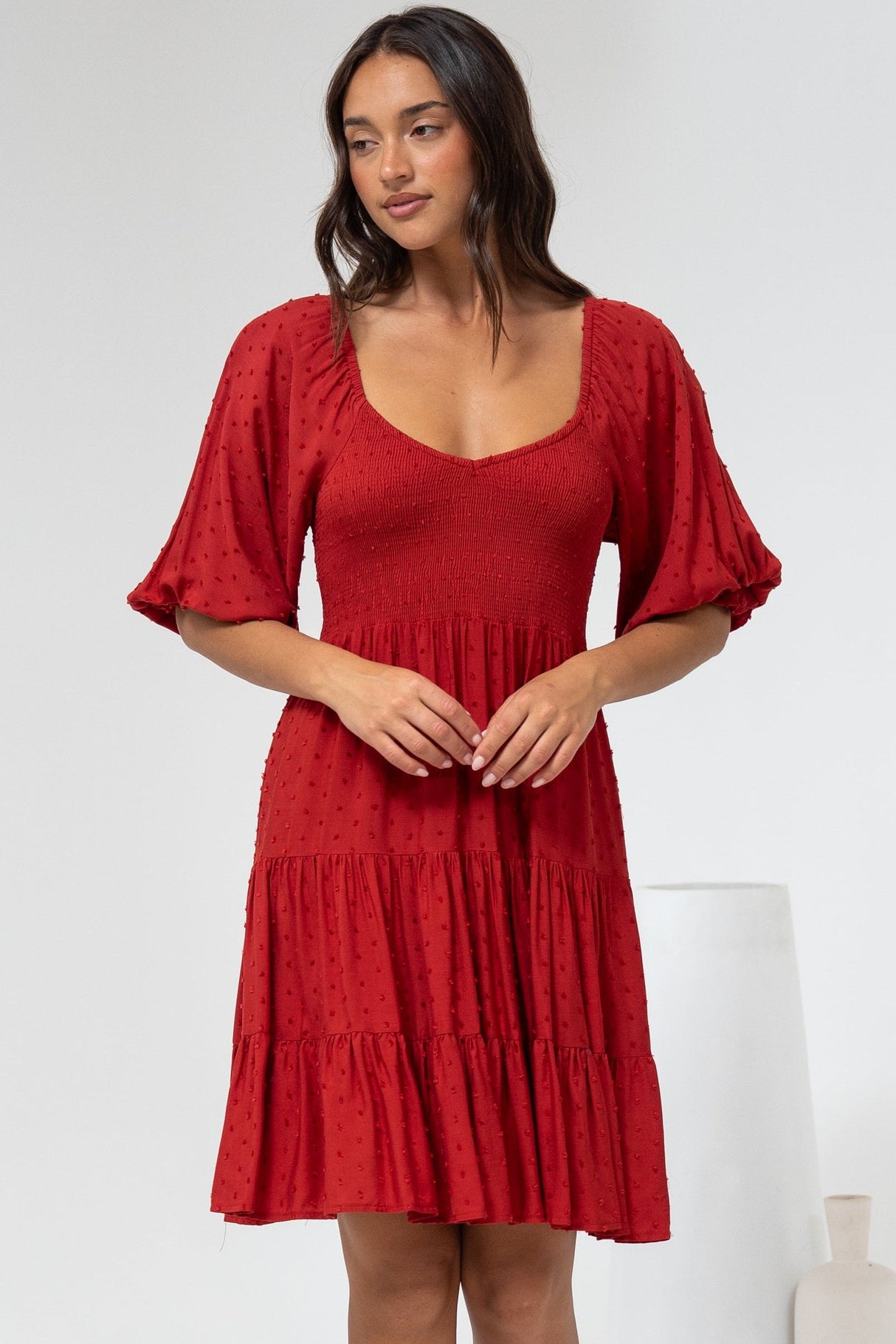 Parkley Mini Dress - On or Off Shoulder Textured Tiered Dress in Rust