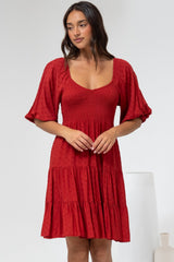 Parkley Mini Dress - On or Off Shoulder Textured Tiered Dress in Rust