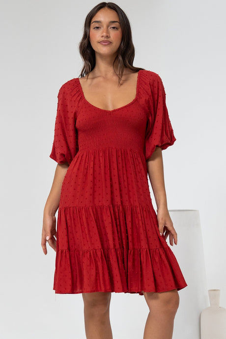 Parkley Mini Dress - On or Off Shoulder Textured Tiered Dress in Rust