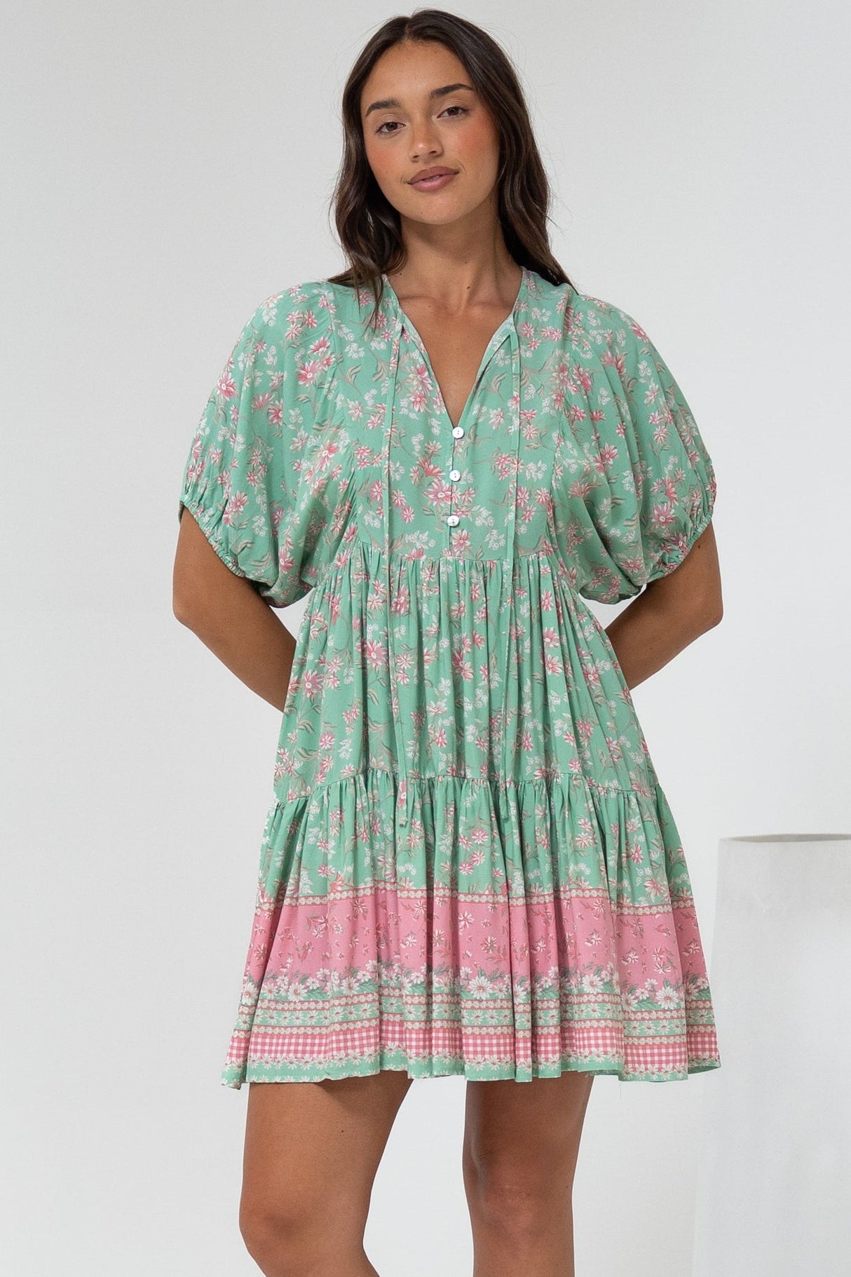 Pomeline Mini Dress - Round Neckline with Tie Babydoll Dress in Roxia Print