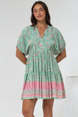 Pomeline Mini Dress - Round Neckline with Tie Babydoll Dress in Roxia Print
