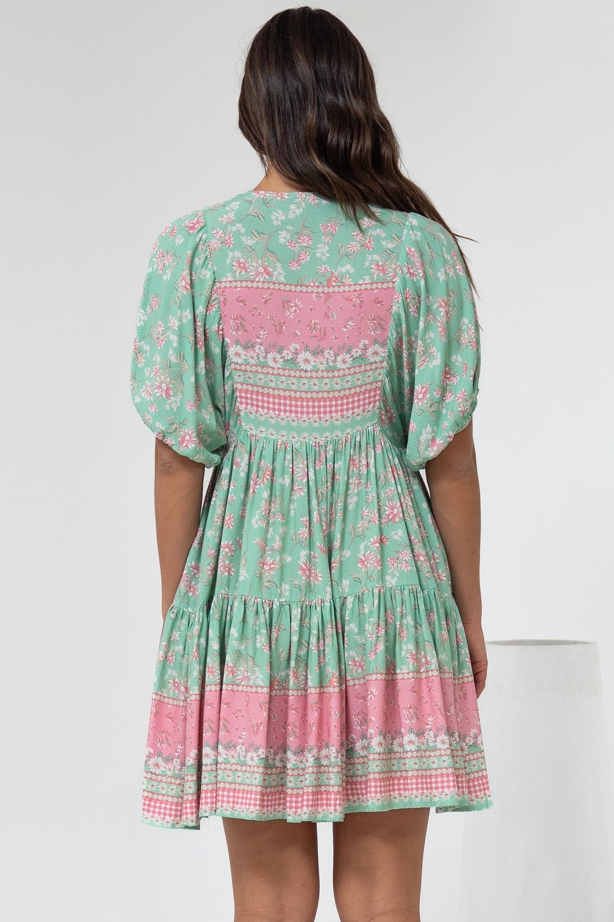 Pomeline Mini Dress - Round Neckline with Tie Babydoll Dress in Roxia Print