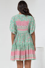 Pomeline Mini Dress - Round Neckline with Tie Babydoll Dress in Roxia Print