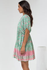 Pomeline Mini Dress - Round Neckline with Tie Babydoll Dress in Roxia Print