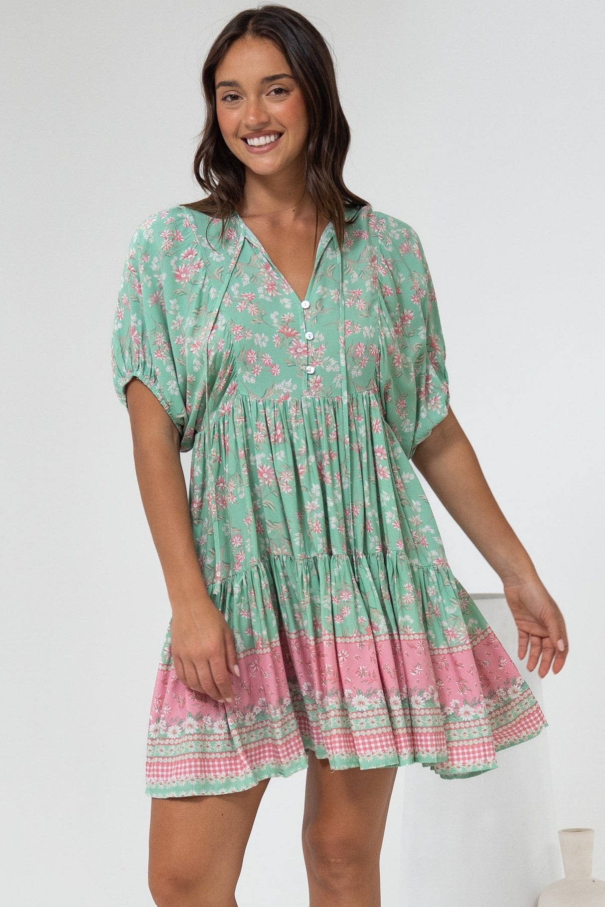 Pomeline Mini Dress - Round Neckline with Tie Babydoll Dress in Roxia Print
