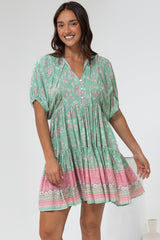 Pomeline Mini Dress - Round Neckline with Tie Babydoll Dress in Roxia Print