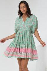 Pomeline Mini Dress - Round Neckline with Tie Babydoll Dress in Roxia Print