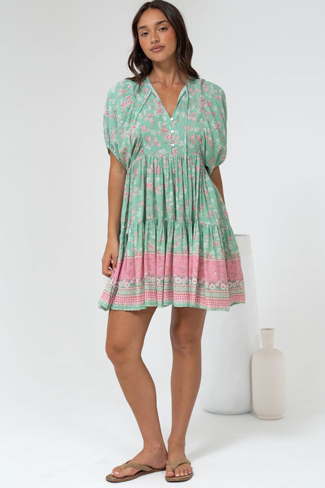 Pomeline Mini Dress - Round Neckline with Tie Babydoll Dress in Roxia Print