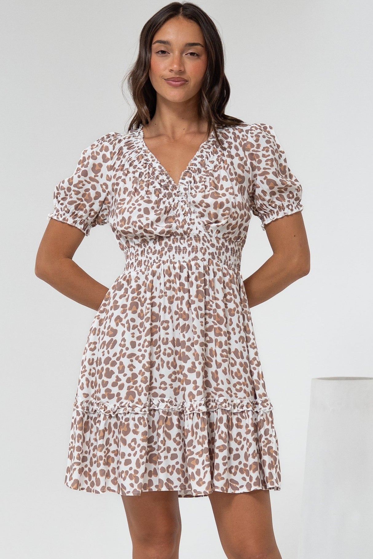 Lewie Mini Dress - Frill Hemline Cross Over Bodice Mini Dress in White Leopard Print