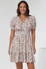 Lewie Mini Dress - Frill Hemline Cross Over Bodice Mini Dress in White Leopard Print