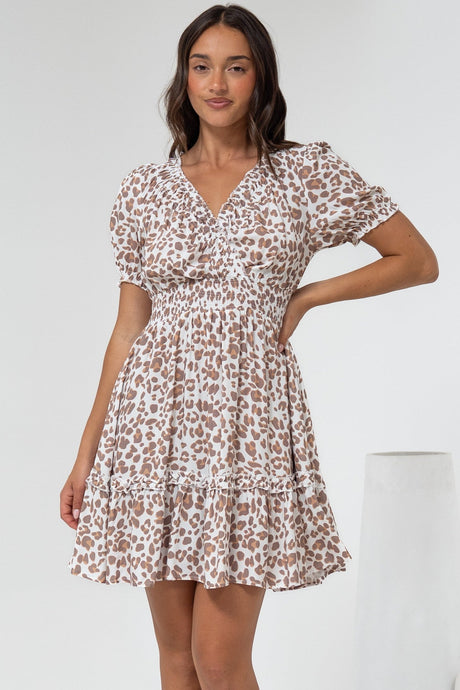 Lewie Mini Dress - Frill Hemline Cross Over Bodice Mini Dress in White Leopard Print