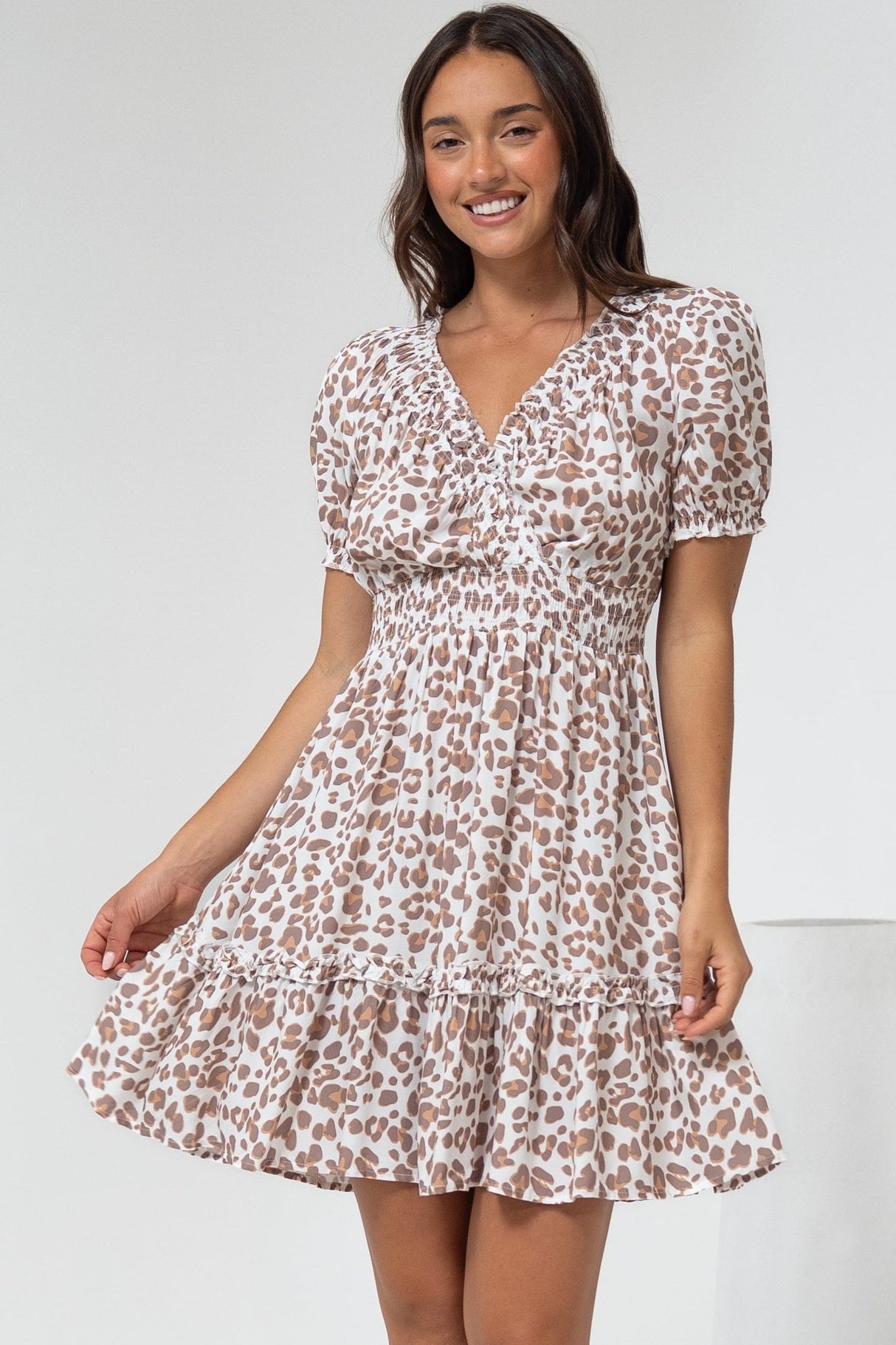 Lewie Mini Dress - Frill Hemline Cross Over Bodice Mini Dress in White Leopard Print