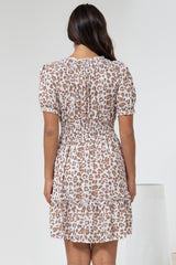 Lewie Mini Dress - Frill Hemline Cross Over Bodice Mini Dress in White Leopard Print