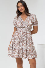 Lewie Mini Dress - Frill Hemline Cross Over Bodice Mini Dress in White Leopard Print