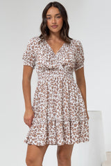 Lewie Mini Dress - Frill Hemline Cross Over Bodice Mini Dress in White Leopard Print