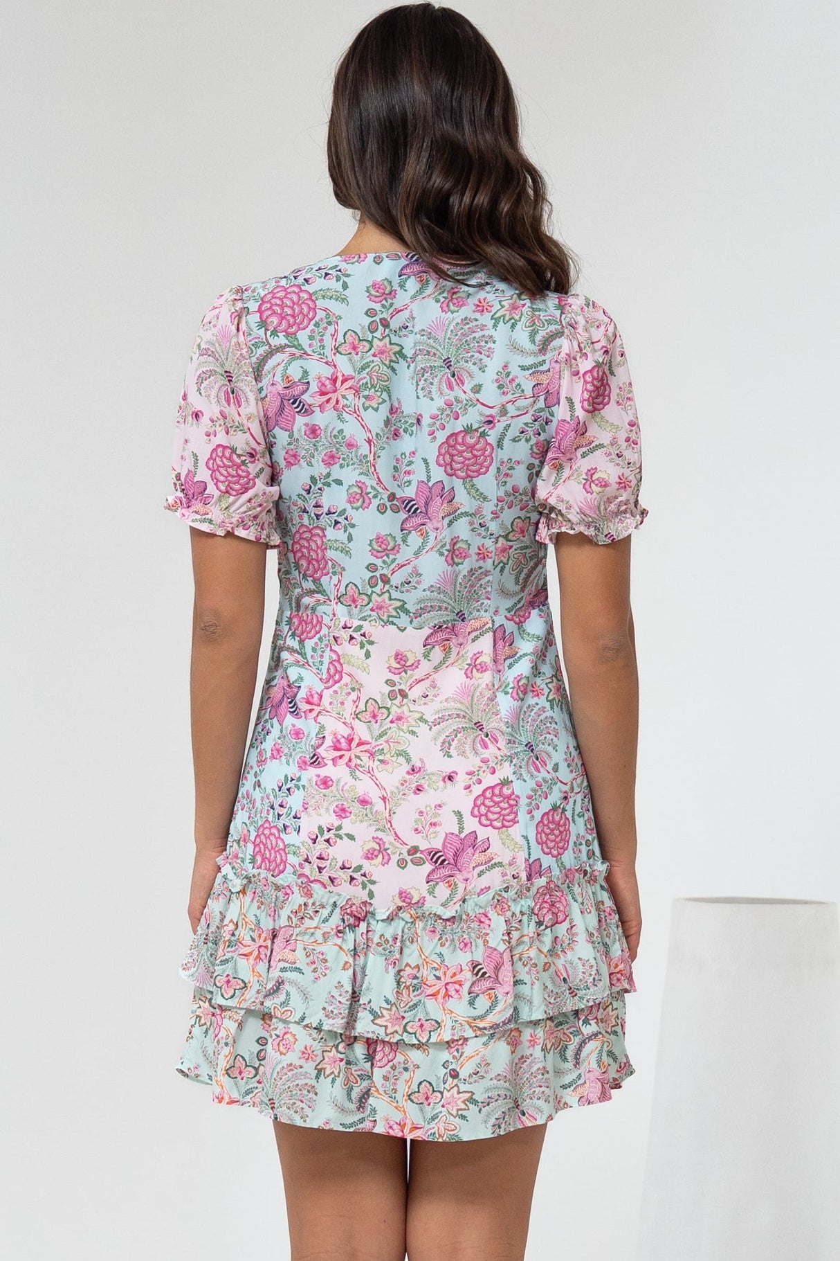 Jeannie Mini Dress - A Line Dress with Puff Sleeves in Spriggie Print Green