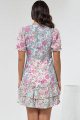 Jeannie Mini Dress - A Line Dress with Puff Sleeves in Spriggie Print Green