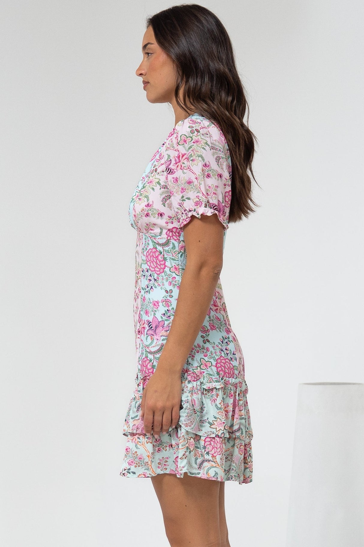 Jeannie Mini Dress - A Line Dress with Puff Sleeves in Spriggie Print Green