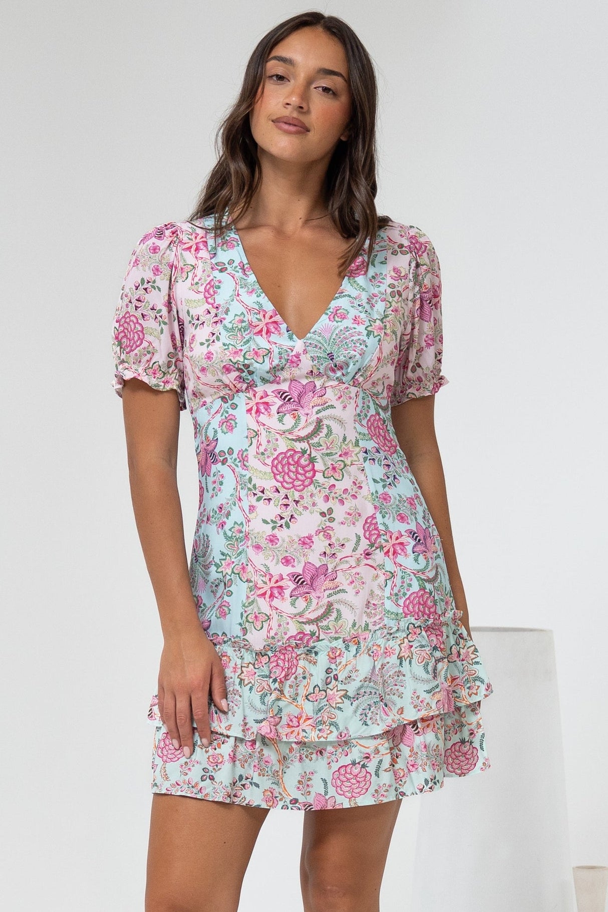 Jeannie Mini Dress - A Line Dress with Puff Sleeves in Spriggie Print Green