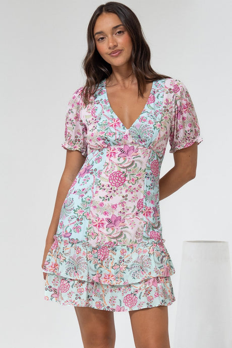 Jeannie Mini Dress - A Line Dress with Puff Sleeves in Spriggie Print Green