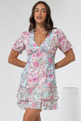 Jeannie Mini Dress - A Line Dress with Puff Sleeves in Spriggie Print Green