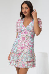 Jeannie Mini Dress - A Line Dress with Puff Sleeves in Spriggie Print Green