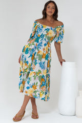 Lalita Midi Dress - Elasticated Bodice A-Line Dress with Flutter Sleeves in Mizuki Print
