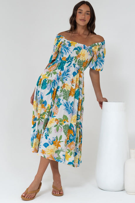 Lalita Midi Dress - Elasticated Bodice A-Line Dress with Flutter Sleeves in Mizuki Print
