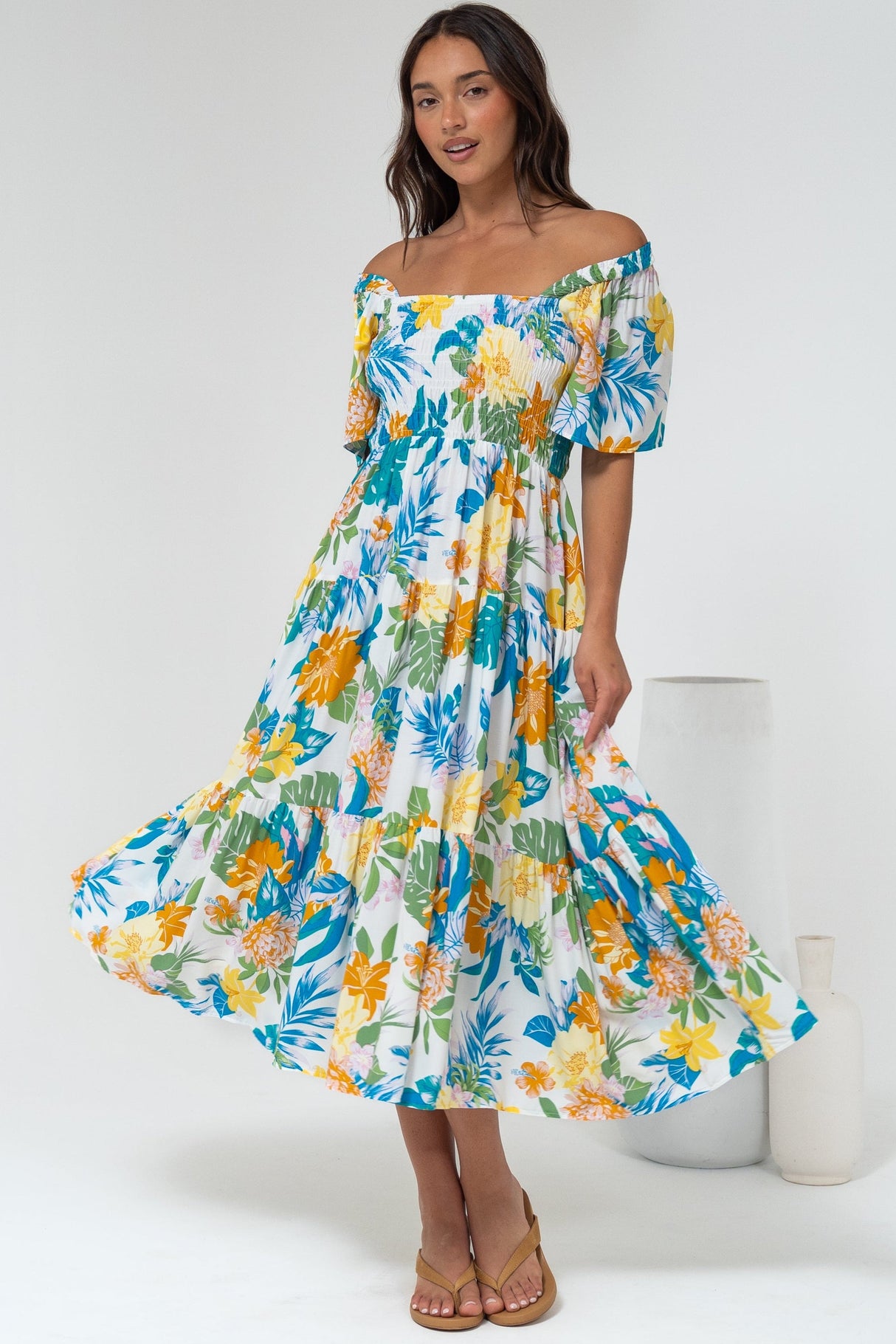 Lalita Midi Dress - Elasticated Bodice A-Line Dress with Flutter Sleeves in Mizuki Print