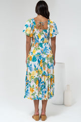 Lalita Midi Dress - Elasticated Bodice A-Line Dress with Flutter Sleeves in Mizuki Print