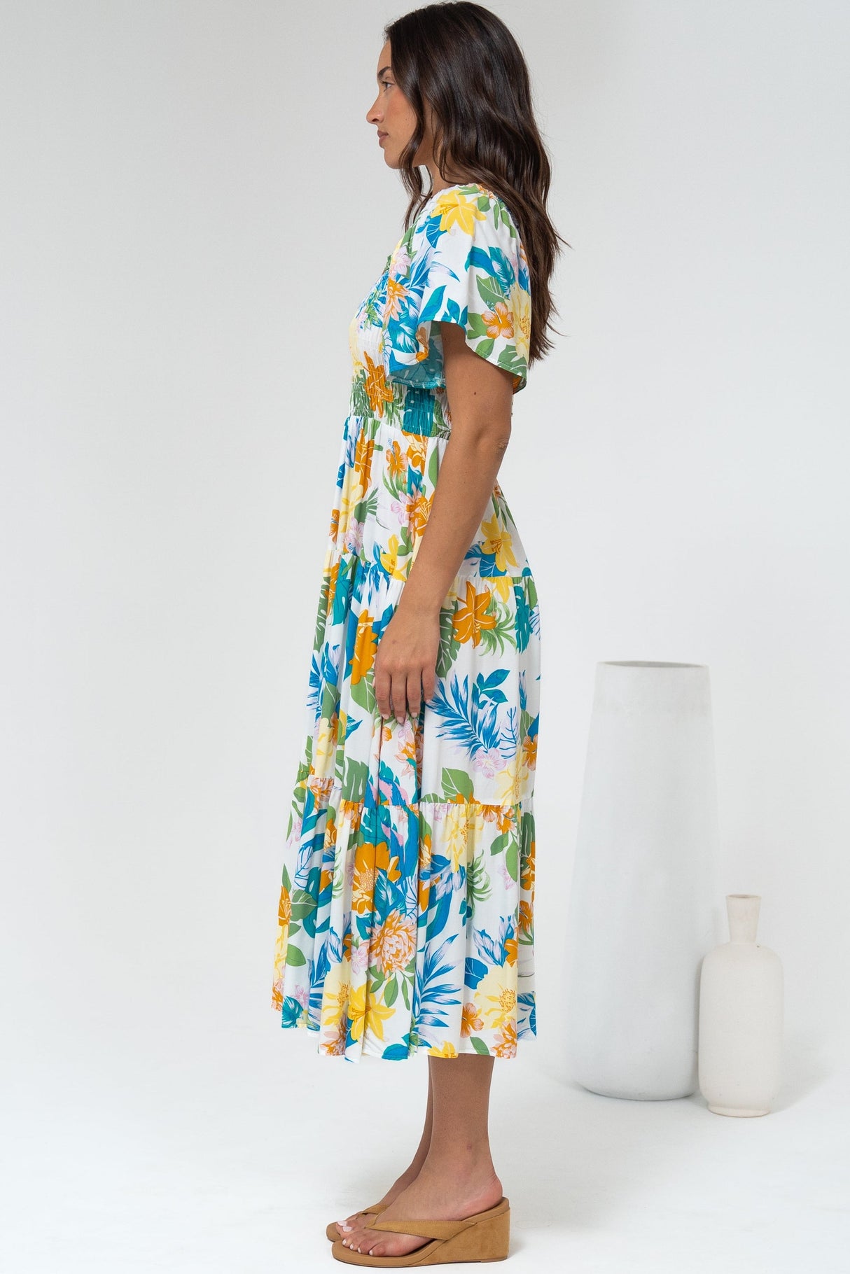 Lalita Midi Dress - Elasticated Bodice A-Line Dress with Flutter Sleeves in Mizuki Print