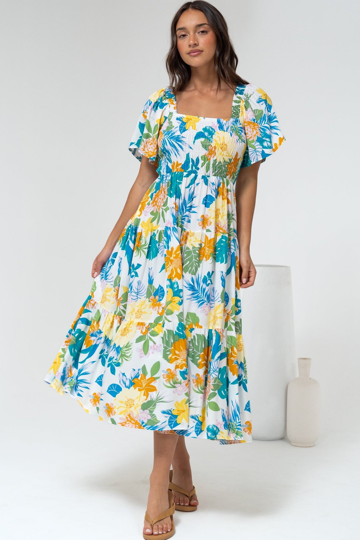 Lalita Midi Dress - Elasticated Bodice A-Line Dress with Flutter Sleeves in Mizuki Print