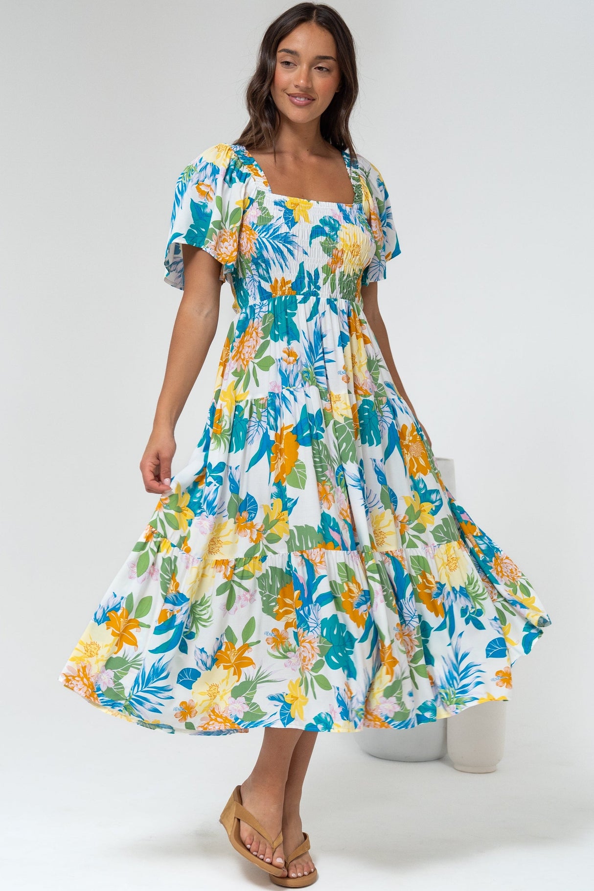 Lalita Midi Dress - Elasticated Bodice A-Line Dress with Flutter Sleeves in Mizuki Print