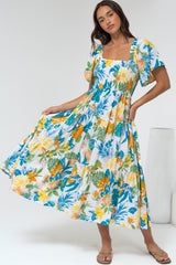 Lalita Midi Dress - Elasticated Bodice A-Line Dress with Flutter Sleeves in Mizuki Print