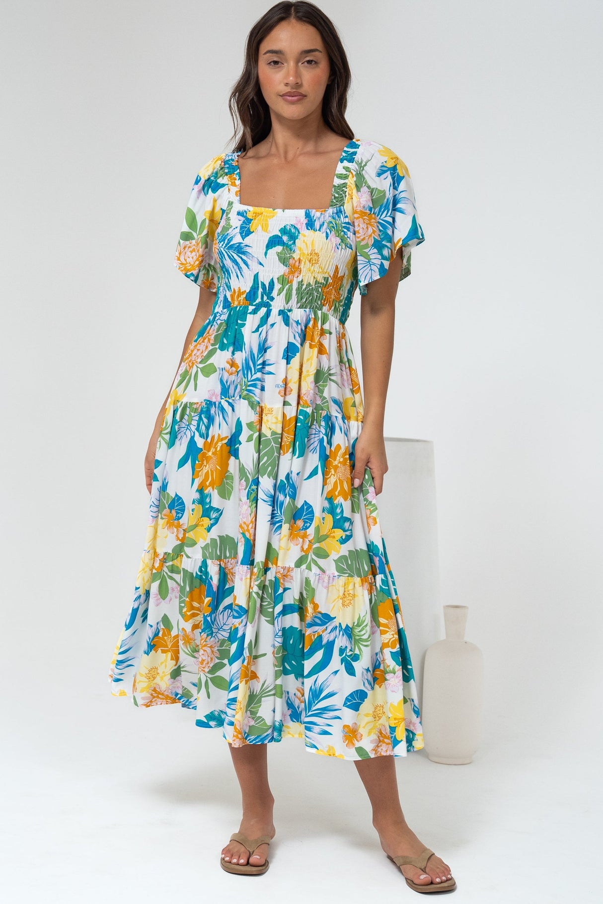 Lalita Midi Dress - Elasticated Bodice A-Line Dress with Flutter Sleeves in Mizuki Print