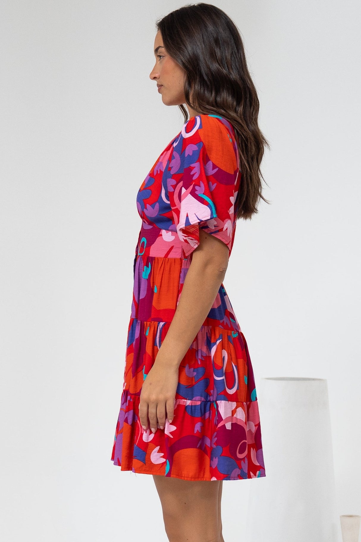 Sana Mini Dress - Bell Sleeve Button Down V Neck Dress in Talina Print