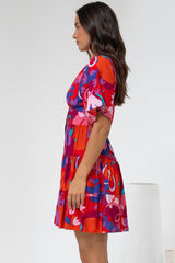Sana Mini Dress - Bell Sleeve Button Down V Neck Dress in Talina Print