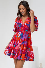 Sana Mini Dress - Bell Sleeve Button Down V Neck Dress in Talina Print