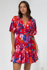 Sana Mini Dress - Bell Sleeve Button Down V Neck Dress in Talina Print