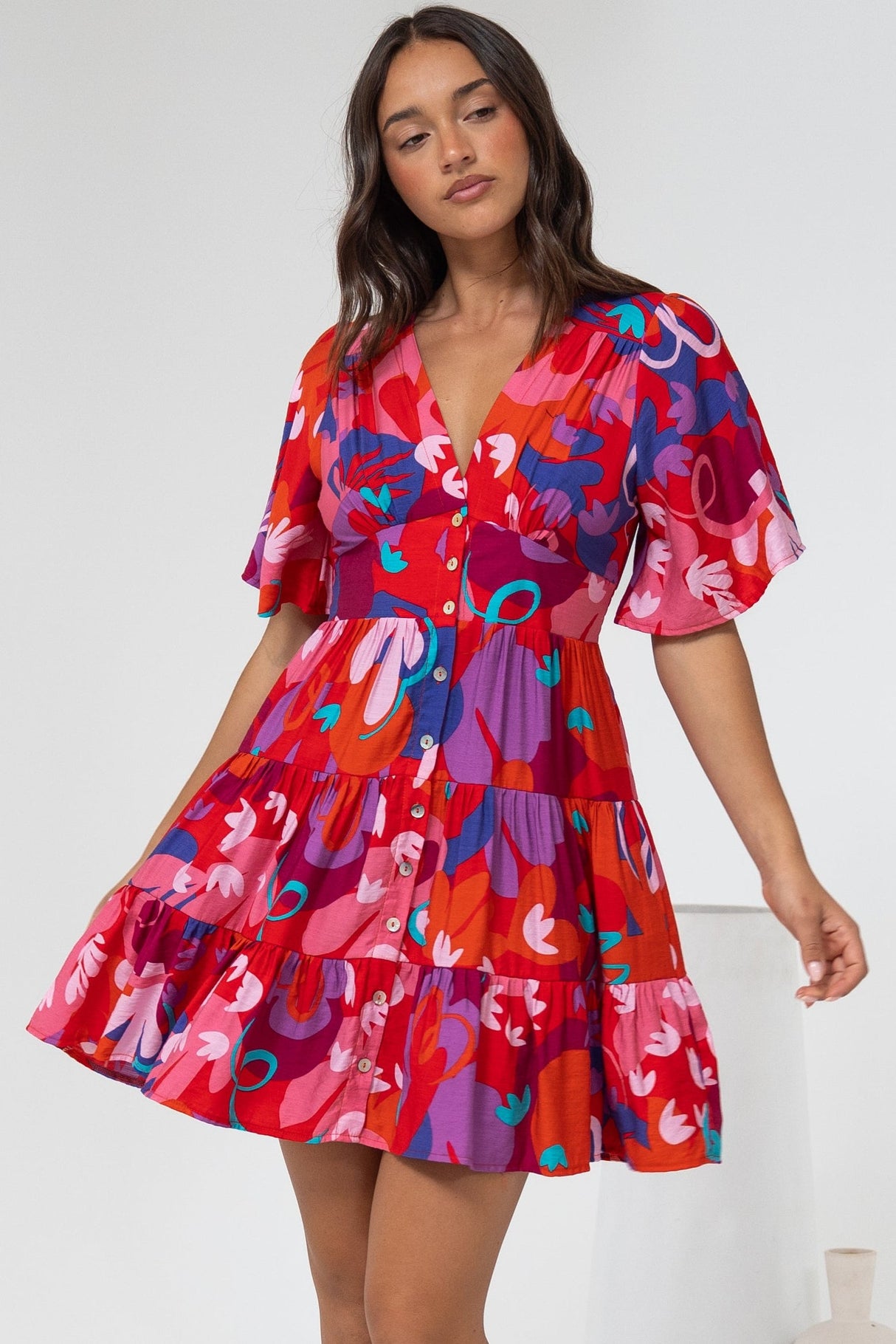 Sana Mini Dress - Bell Sleeve Button Down V Neck Dress in Talina Print