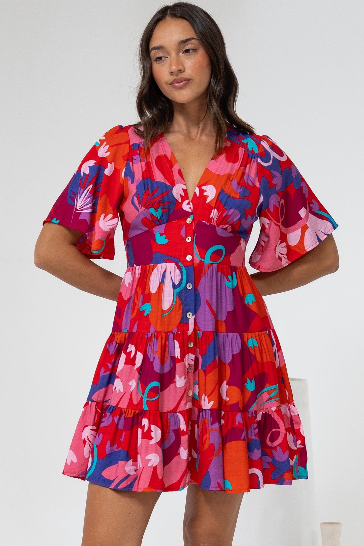 Sana Mini Dress - Bell Sleeve Button Down V Neck Dress in Talina Print