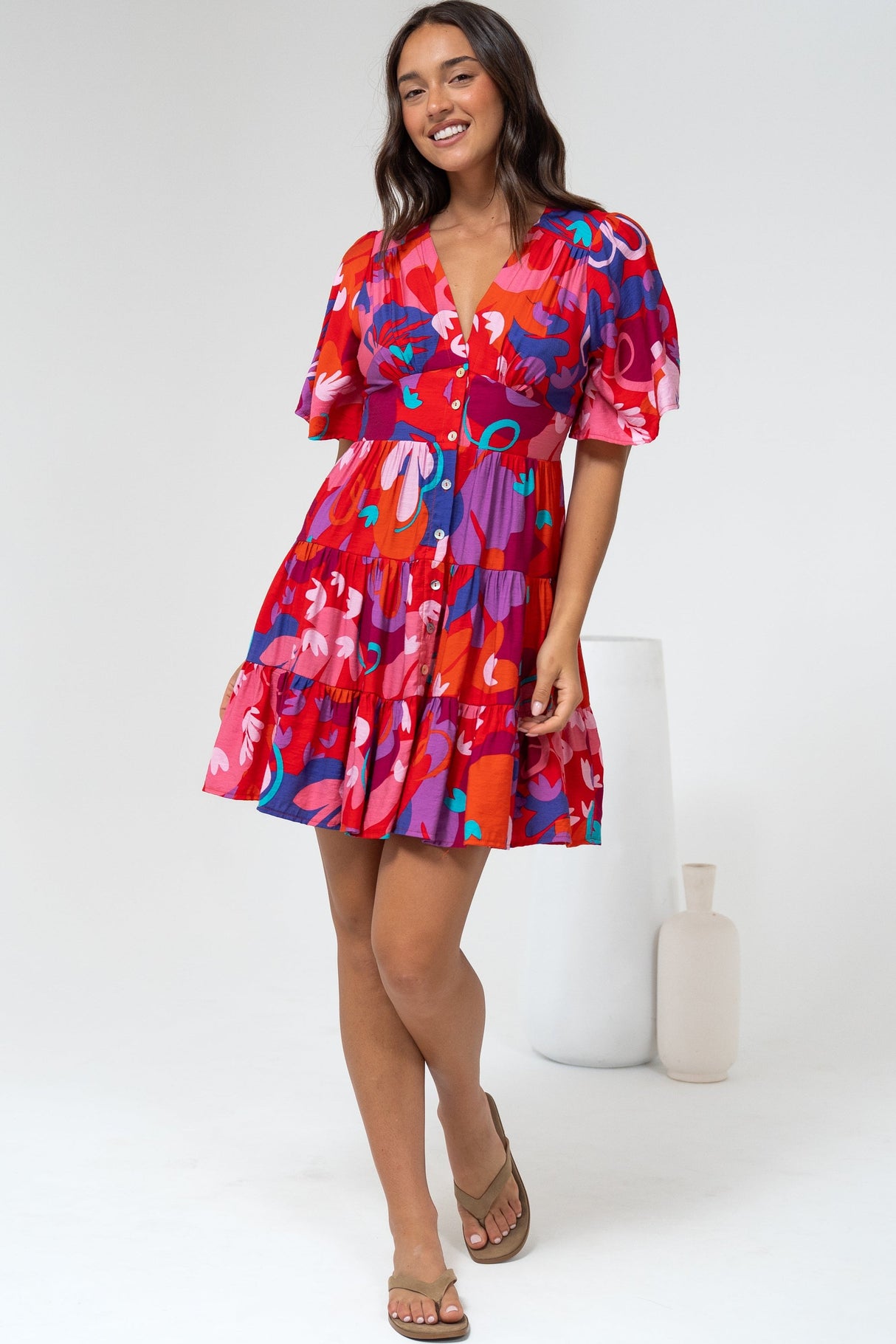 Sana Mini Dress - Bell Sleeve Button Down V Neck Dress in Talina Print