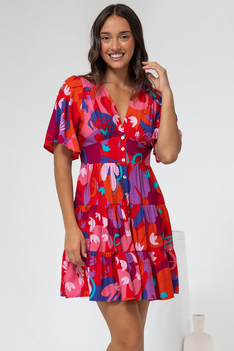 Sana Mini Dress - Bell Sleeve Button Down V Neck Dress in Talina Print