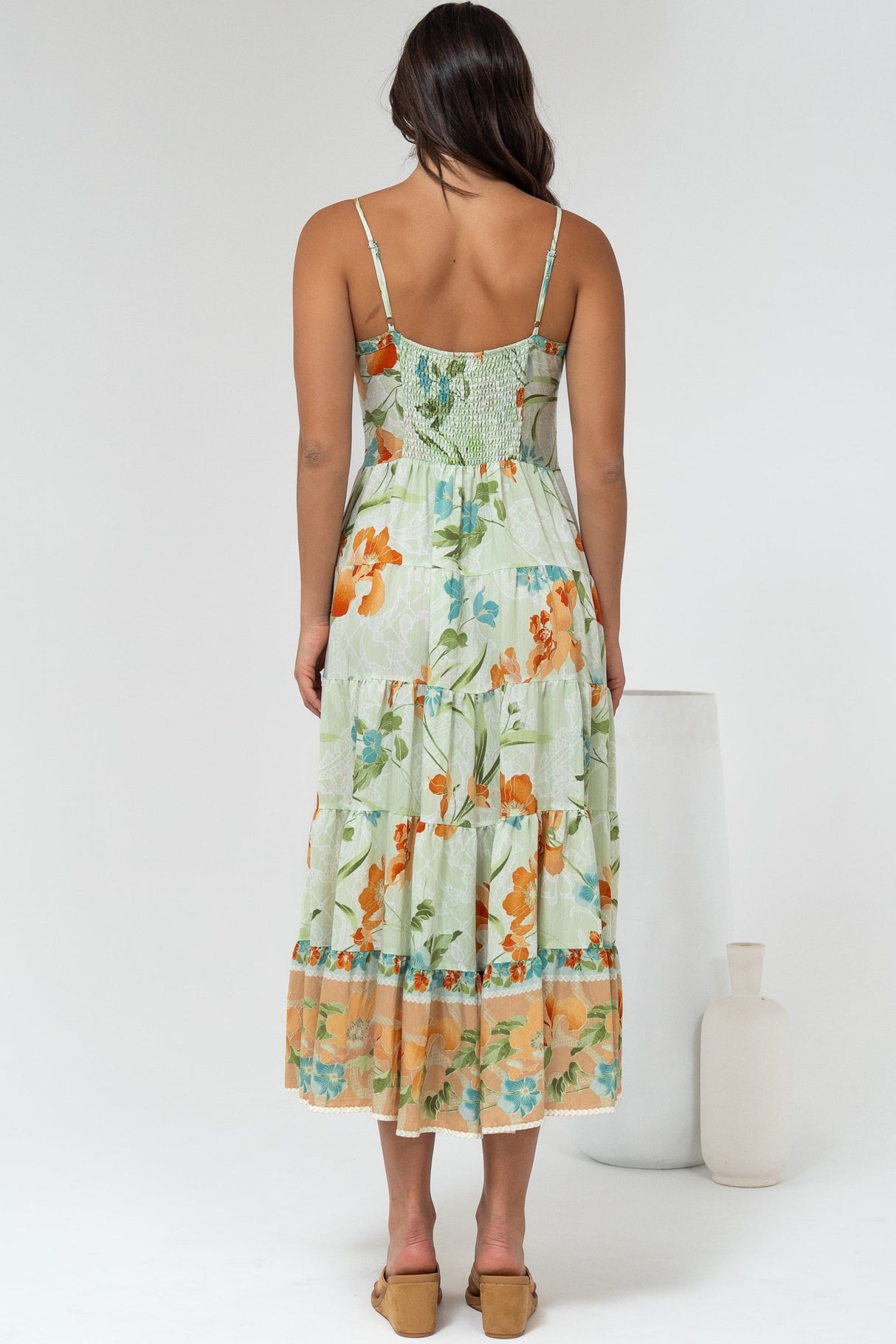Raya Midi Dress - Adjustable Strap Tiered Sun Dress in Noriko Print