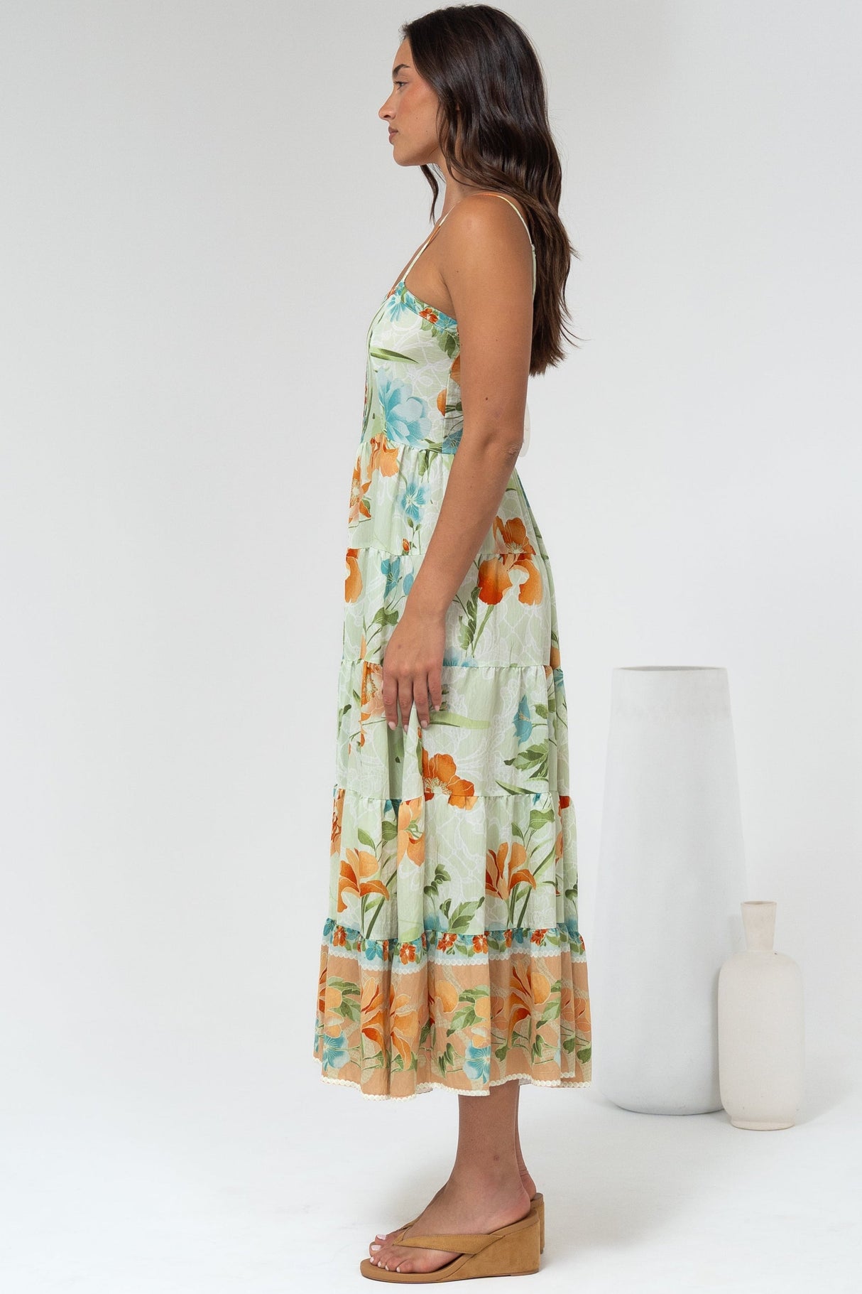Raya Midi Dress - Adjustable Strap Tiered Sun Dress in Noriko Print